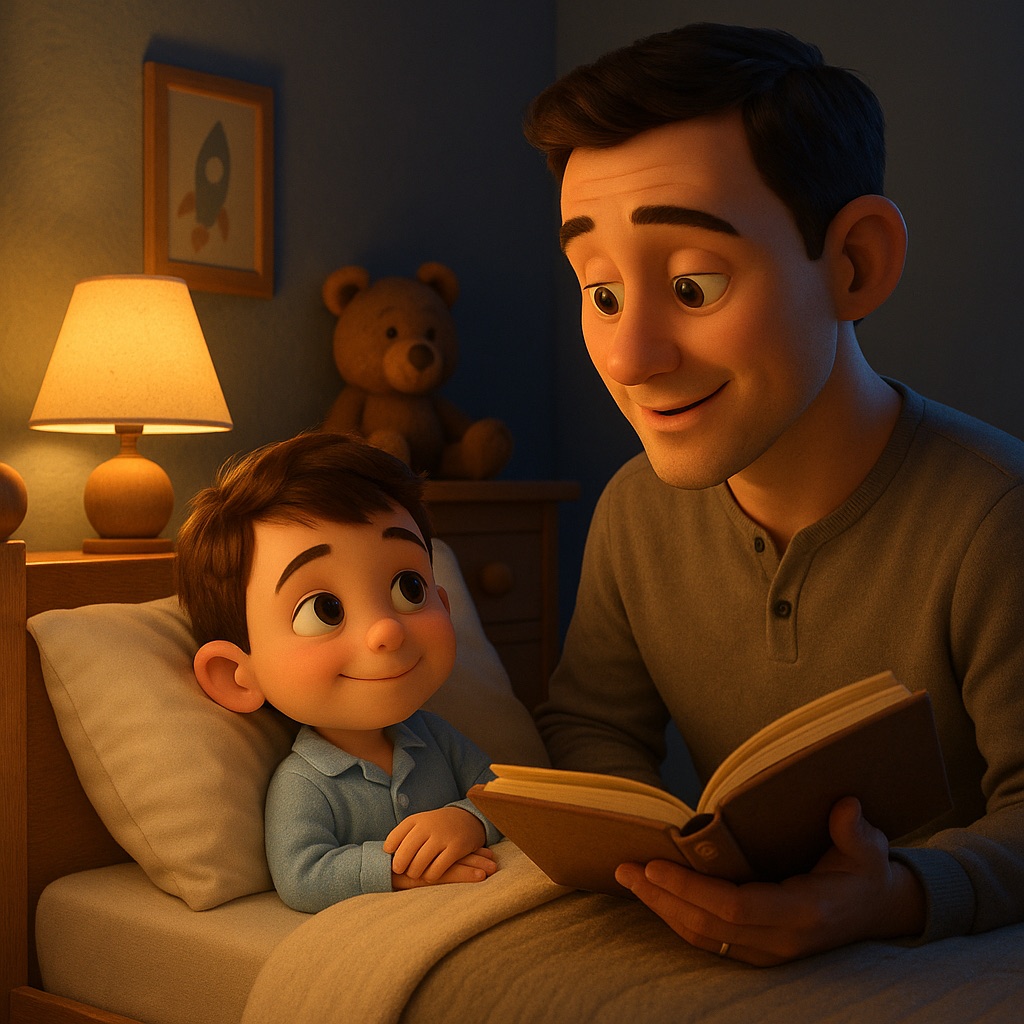 A father and child sharing a warm bedtime story