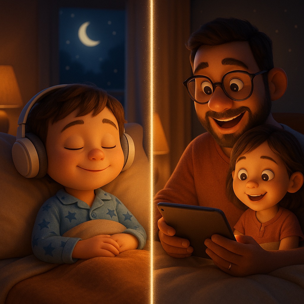 A child listening peacefully while a parent reads with another child
